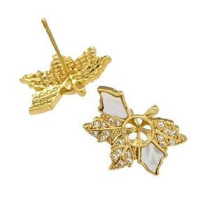 Copper Stud Earrings Pave Shell Zirconia Leaf 18K Gold Plated, approx 14-18mm [FN40193]