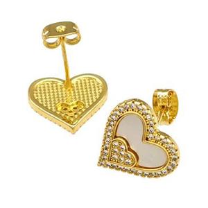 Copper Stud Earrings Pave Shell Zirconia Heart 18K Gold Plated, approx 14mm [FN40194]