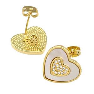 Copper Stud Earrings Pave Shell Zirconia Heart 18K Gold Plated, approx 15mm [FN40195]