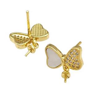 Copper Stud Earrings Pave Shell Zirconia With Bail Butterfly 18K Gold Plated, approx 8-12mm [FN40196]