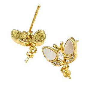 Copper Stud Earrings Pave Shell Zirconia With Bail Butterfly 18K Gold Plated, approx 8-13mm [FN40197]
