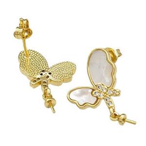 Copper Stud Earrings Pave Shell Zirconia With Bail Butterfly 18K Gold Plated, approx 13-15mm [FN40198]