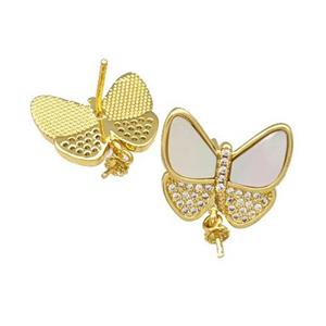 Copper Stud Earrings Pave Shell Zirconia With Bail Butterfly 18K Gold Plated, approx 14-16mm [FN40199]