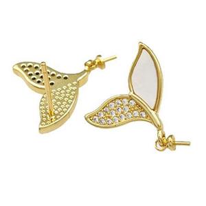 Copper Stud Earrings Pave Shell Zirconia With Bail Shark-Tail 18K Gold Plated, approx 14-17mm [FN40201]