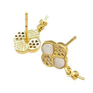 Copper Stud Earrings Pave Shell Zirconia With Bail Clover 18K Gold Plated, approx 10mm [FN40202]