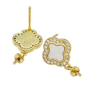 Copper Stud Earrings Pave Shell Zirconia With Bail Clover 18K Gold Plated, approx 11.5mm [FN40203]