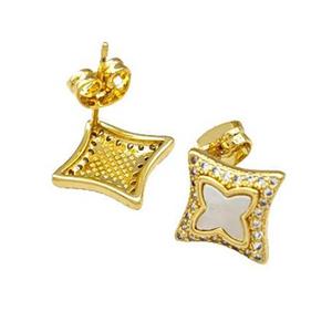Copper Stud Earrings Pave Shell Zirconia Star 18K Gold Plated, approx 13.5mm [FN40206]