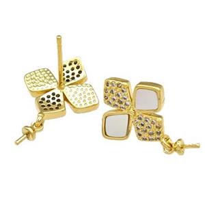 Copper Stud Earrings Pave Shell Zirconia With Bail Clover 18K Gold Plated, approx 15mm [FN40207]