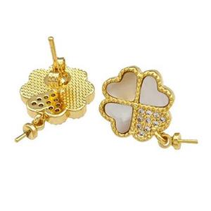Copper Stud Earrings Pave Shell Zirconia With Bail Clover 18K Gold Plated, approx 12mm [FN40208]
