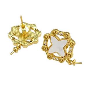 Copper Stud Earrings Pave Shell Zirconia With Bail Clover 18K Gold Plated, approx 15mm [FN40209]