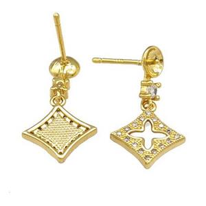Copper Stud Earrings Pave Shell Zirconia Cross 18K Gold Plated, approx 12mm [FN40210]