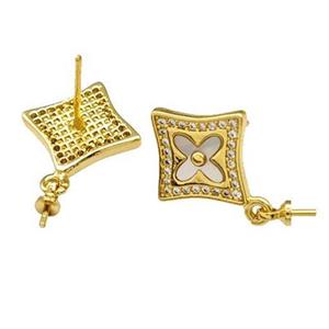 Copper Stud Earrings Pave Shell Zirconia With Bail Cross 18K Gold Plated, approx 14mm [FN40211]