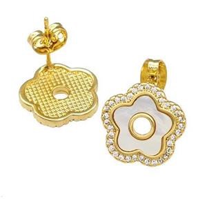 Copper Stud Earrings Pave Shell Zirconia Flower 18K Gold Plated, approx 14mm [FN40212]