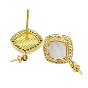 Copper Stud Earrings Pave Shell Zirconia With Bail Square 18K Gold Plated, approx 12mm [FN40213]