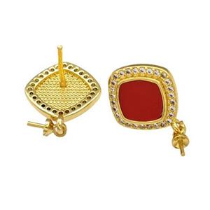 Copper Stud Earrings Pave Shell Zirconia With Bail Square 18K Gold Plated, approx 12mm [FN40214]