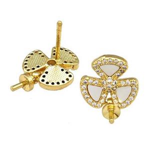 Copper Stud Earrings Pave Shell Zirconia With Bail Clover 18K Gold Plated, approx 12mm [FN40215]