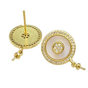 Copper Stud Earrings Pave Shell Zirconia With Bail Circle 18K Gold Plated, approx 14mm [FN40218]