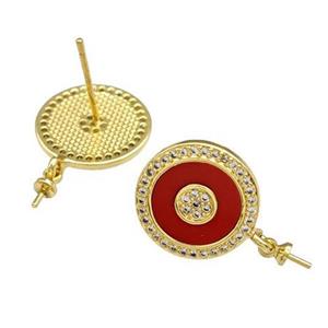 Copper Stud Earrings Pave Shell Zirconia With Bail Circle 18K Gold Plated, approx 14mm [FN40219]