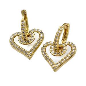 Copper Hoop Earrings Pave Shell Zirconia Heart 18K Gold Plated, approx 15mm, 14mm dia [FN40220]