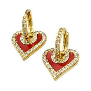 Copper Hoop Earrings Pave Shell Zirconia Heart 18K Gold Plated, approx 15mm, 14mm dia [FN40222]