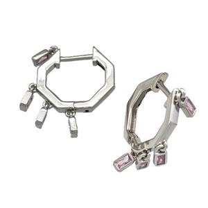 Copper Latchback Earrings Micro Pave Pink Zirconia Platinum Plated, approx 16mm [FN40236]