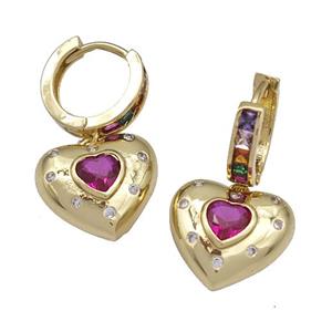 Copper Hoop Earrings Micro Pave Fuchsia Zirconia Heart Gold Plated, approx 14mm, 12mm dia [FN40249]