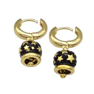 Copper Hoop Earrings With Bell Black Enamel Star Gold Plated, approx 11mm, 15mm dia [FN40256]