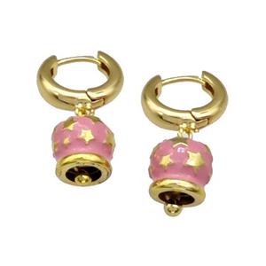 Copper Hoop Earrings With Bell Pink Enamel Star Gold Plated, approx 11mm, 15mm dia [FN40257]
