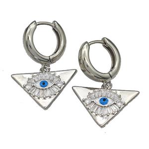 Copper Latchback Earrings With Evil Eye Micro Pave Zirconia Triangle Platinum Plated, approx 13-21mm, 15mm dia [FN40261]