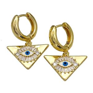 Copper Latchback Earrings With Evil Eye Micro Pave Zirconia Triangle Gold Plated, approx 13-21mm, 15mm dia [FN40262]