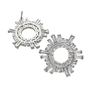 Copper Stud Earrings Micro Pave Zirconia Sun Platinum Plated, approx 25mm [FN40310]