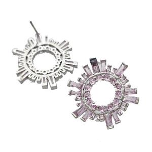Copper Stud Earrings Micro Pave Pink Zirconia Sun Platinum Plated, approx 25mm [FN40312]