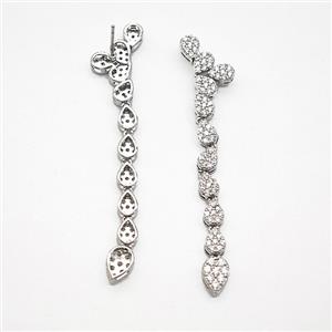 Copper Stud Earrings Micro Pave Zirconia Teardrop Link Stick Platinum Plated, approx 6-8mm, 60mm length [FN40318]