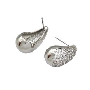 Copper Stud Earrings Micro Pave Zirconia Teardrop Hollow Platinum Plated, approx 12-20mm [FN40347]