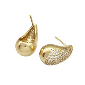 Copper Stud Earrings Micro Pave Zirconia Teardrop Hollow Gold Plated, approx 12-20mm [FN40348]