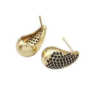 Copper Stud Earrings Micro Pave Black Zirconia Teardrop Hollow Gold Plated, approx 12-20mm [FN40349]