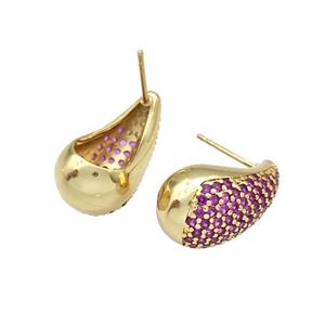 Copper Stud Earrings Micro Pave Fuchsia Zirconia Teardrop Hollow Gold Plated, approx 12-20mm [FN40352]