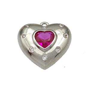 Copper Heart Pendant Micro Pave Fuchsia Zirconia Platinum Plated, approx 14mm [FN40359]