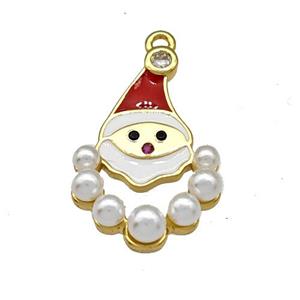 Copper Santa Claus Pendant Micro Pave Pearlized Resin Christmas Red White Enamel Gold Plated, approx 13-20mm [FN40366]