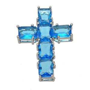 Copper Cross Pendant Micro Pave Skyblue Crystal Platinum Plated, approx 20-30mm [FN40397]