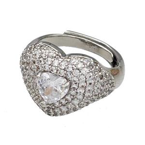 Copper Heart Rings Micro Pave Zirconia Adjustable Platinum Plated, approx 14mm, 18mm dia [FN40492]