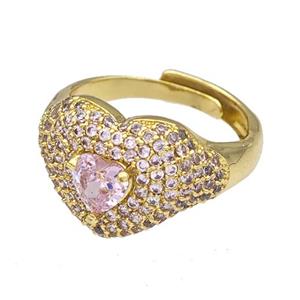 Copper Heart Rings Micro Pave Pink Zirconia Adjustable Gold Plated, approx 14mm, 18mm dia [FN40495]