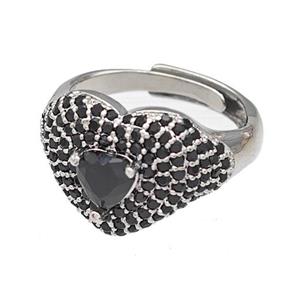 Copper Heart Rings Micro Pave Black Zirconia Adjustable Platinum Plated, approx 14mm, 18mm dia [FN40496]