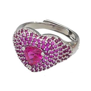 Copper Heart Rings Micro Pave Fuchsia Zirconia Adjustable Platinum Plated, approx 14mm, 18mm dia [FN40498]