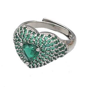 Copper Heart Rings Micro Pave Green Zirconia Adjustable Platinum Plated, approx 14mm, 18mm dia [FN40499]