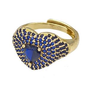 Copper Heart Rings Micro Pave Blue Zirconia Adjustable Gold Plated, approx 14mm, 18mm dia [FN40501]