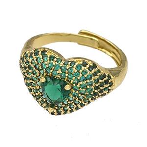 Copper Heart Rings Micro Pave Green Zirconia Adjustable Gold Plated, approx 14mm, 18mm dia [FN40503]