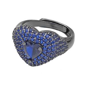 Copper Heart Rings Micro Pave Blue Zirconia Adjustable Black Plated, approx 14mm, 18mm dia [FN40506]