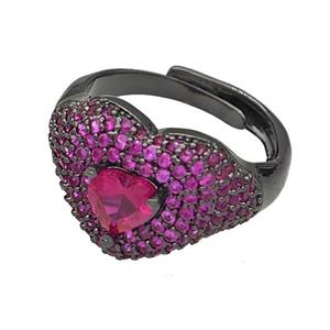 Copper Heart Rings Micro Pave Fuchsia Zirconia Adjustable Black Plated, approx 14mm, 18mm dia [FN40508]