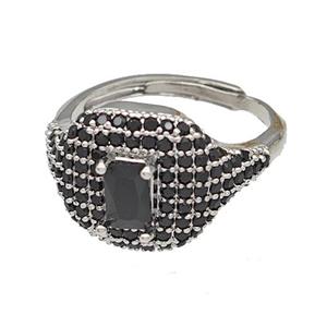 Copper Rings Micro Pave Black Zirconia Adjustable Platinum Plated, approx 13-16mm, 18mm dia [FN40511]